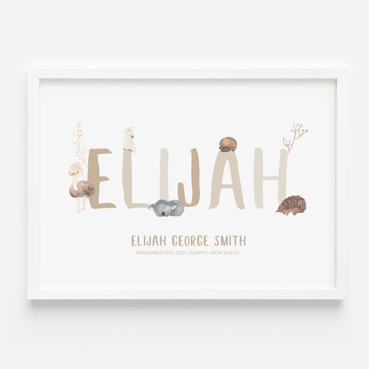 australian animal name personalised print