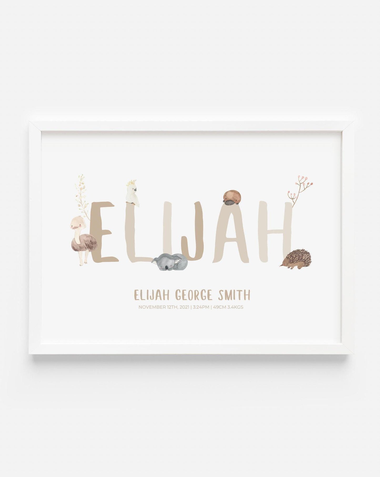 Custom Australian Animal Name Print | Personalised Kids Name Poster | Baby Birth Nursery Wall Art