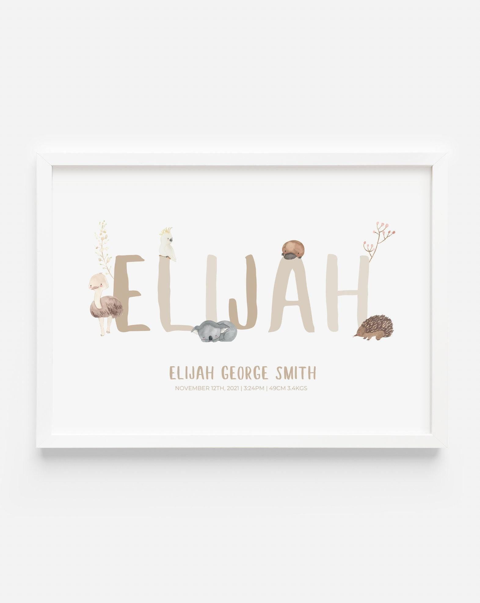 Custom Australian Animal Name Print | Personalised Kids Name Poster | Baby Birth Nursery Wall Art