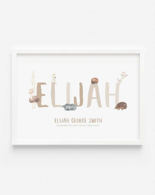 Custom Australian Animal Name Print | Personalised Kids Name Poster | Baby Birth Nursery Wall Art