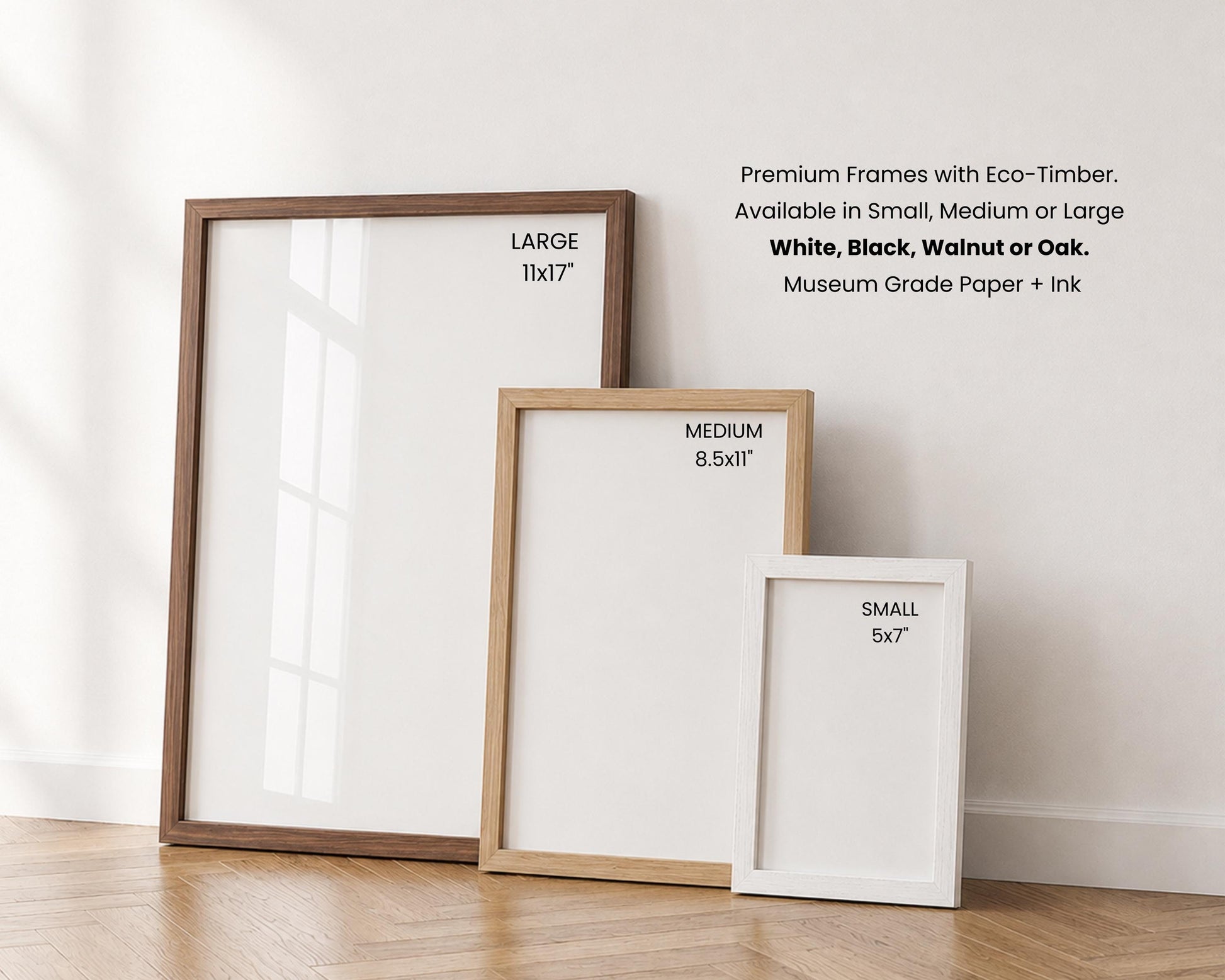 three different frame sizes available for artwork, including a large frame, a medium frame, and a small frame, all made of eco-friendly materials.